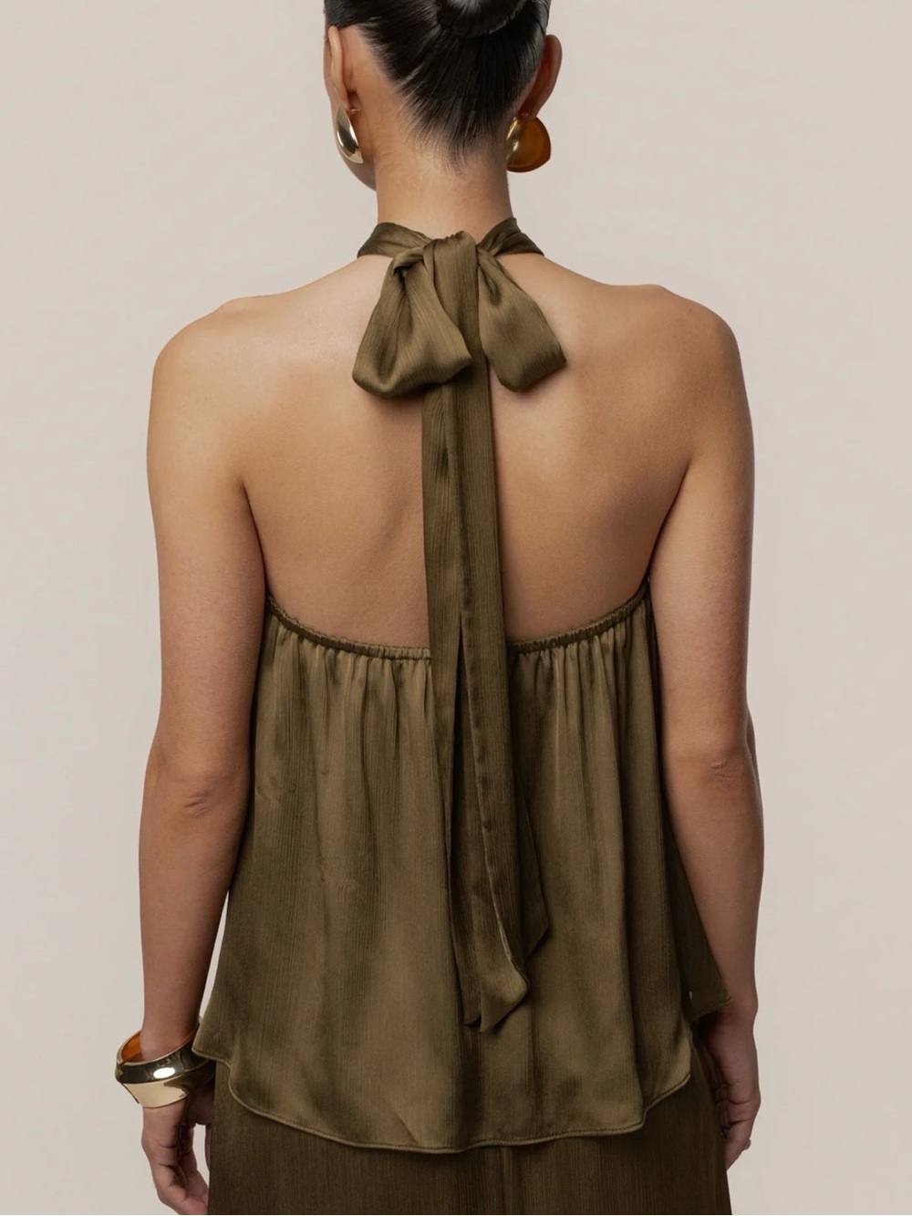 Olive Wide-Leg Satin Pant Set - Picture 2 of 3